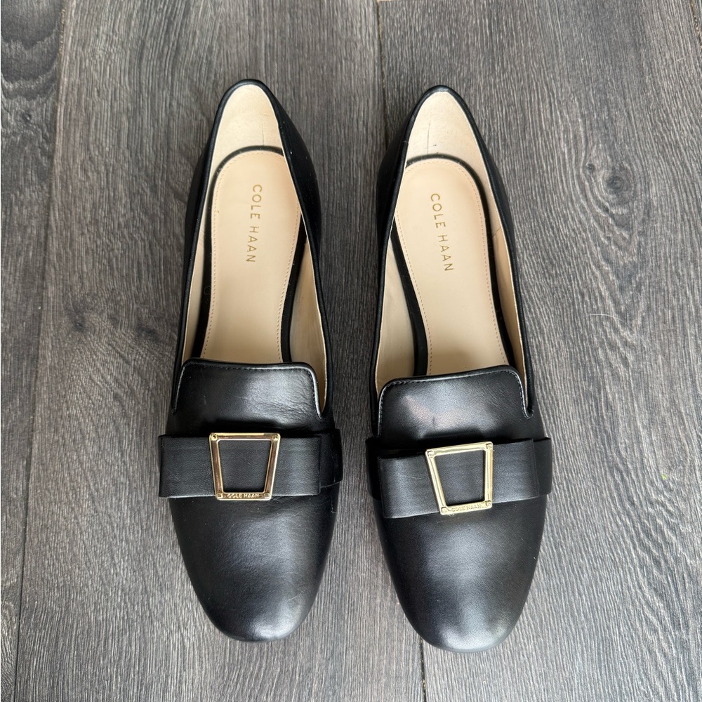 Cole Haan Black Leather Loafers with Gold Buckle